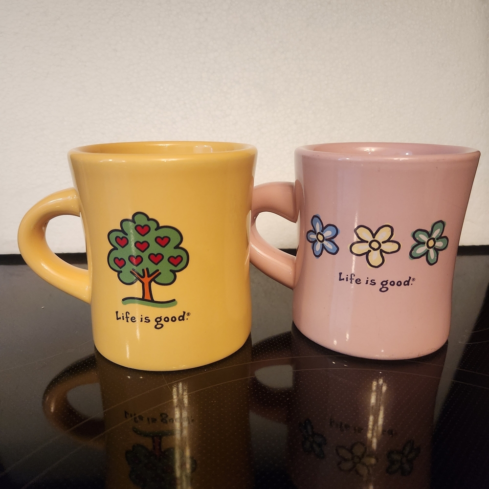 Life Is Good Yellow and Pink Floral Mugs